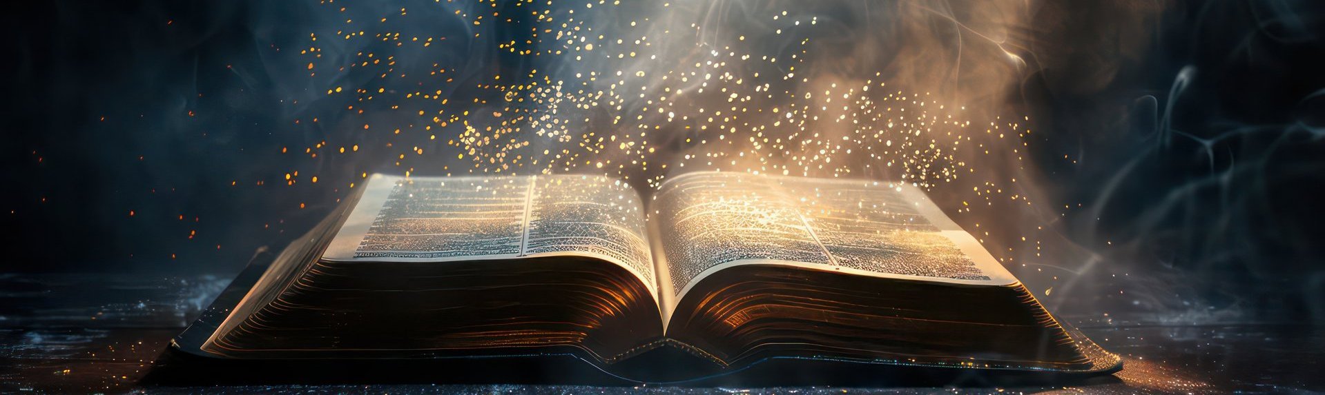 Open bible on a dark background with rays of light and smoke Handbuch